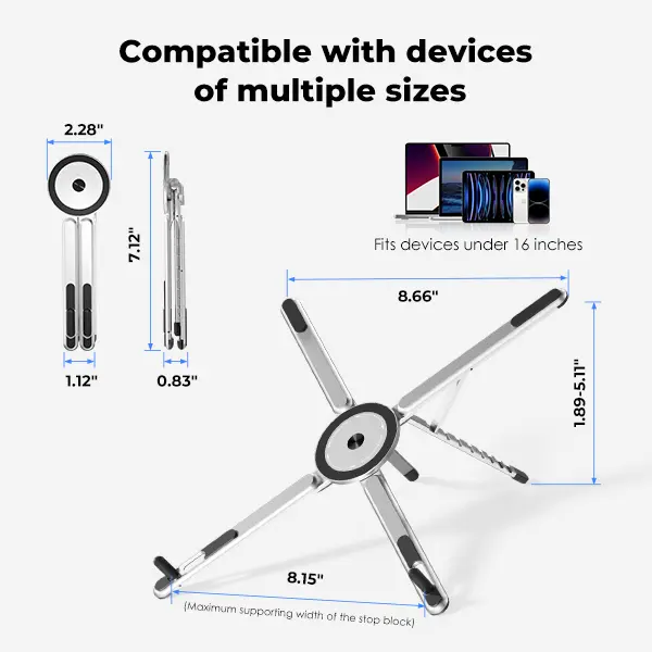Portable Laptop Stand for Desk, Foldable Adjustable Computer Riser with Magnetic Phone Holder, Aluminum Laptop Stand for 10–16” Laptops & 4–13” Phones/Tablets