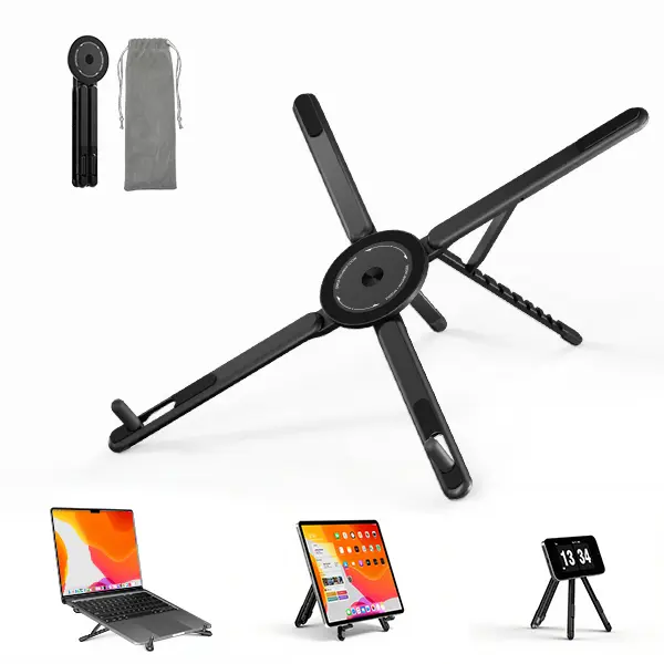 Portable Laptop Stand for Desk, Foldable Adjustable Computer Riser with Magnetic Phone Holder, Aluminum Laptop Stand for 10–16” Laptops & 4–13” Phones/Tablets
